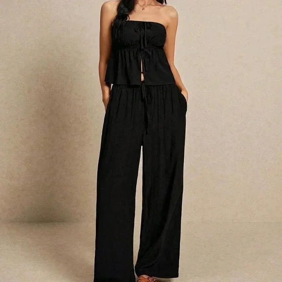 Black Sexy Women's Summer Fashion Linen Crop Top & Wide Leg Trouser Set - Picture 4 of 6